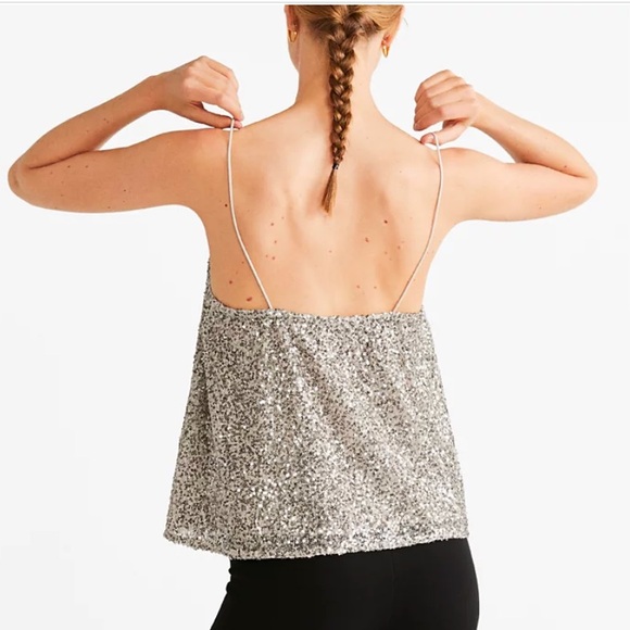 Mango Sequin V Neck Cami Tank Spagetti Strap Lined Sparkly Chic Top Size XS / 2 - Picture 2 of 14